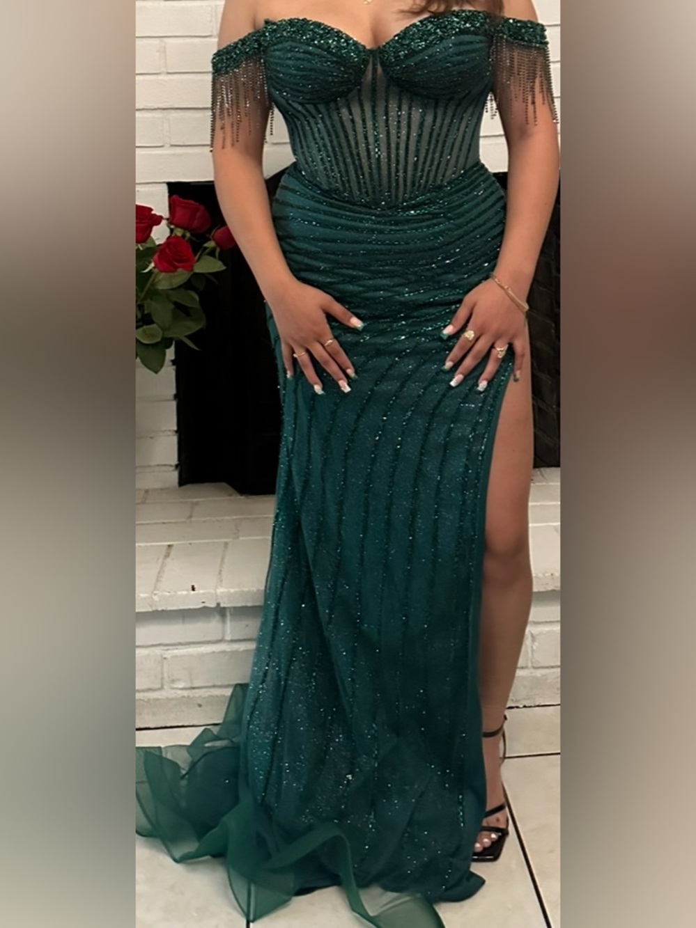 Elegant Teal Sparkle Evening Gown with Side Slit
